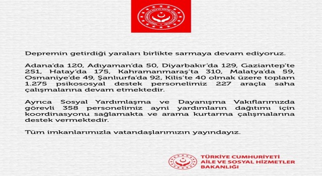 Aile ve Sosyal Hizmetler Bakanlığı: “Deprem bölgesinde bin 275 psikososyal destek personelimiz çalışmalarına devam etmektedir”