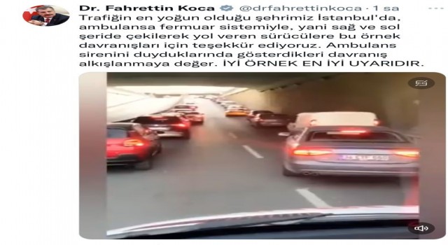 Bakan Kocadan ambulansa fermuar sistemiyle yol veren sürücülere teşekkür