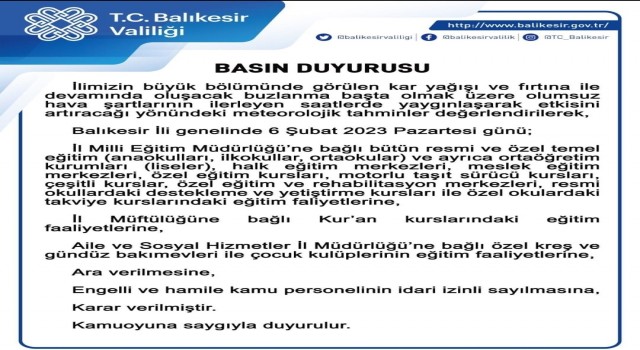 Balıkesirde okullar tatil edildi