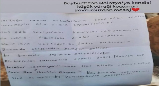 Bayburtlu minik İbrahimin depremzede kardeşleri için yazdığı mektup yürekleri ısıttı
