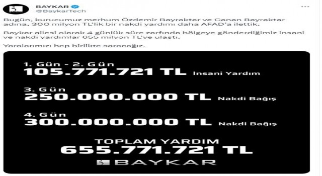 Baykardan deprem bölgesine 655 milyon TLlik yardım