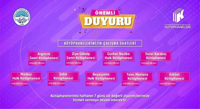 Büyükşehir Kütüphanelerinde yeni saat düzenlemesi