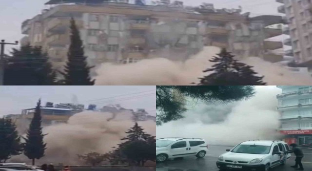 Deprem anında bir binanın çökmesi, diğerinin sallanması kamerada
