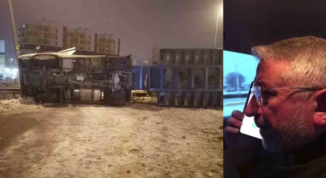 Deprem bölgesine giden ekskavatör yüklü tır kaza yaptı