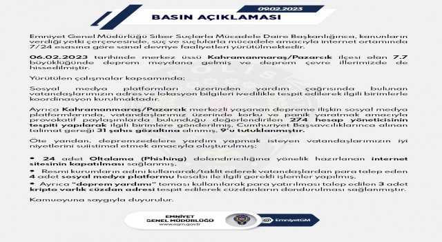 EGM deprem sonrası provokatif paylaşımlar için harekete geçti: 31 gözaltı