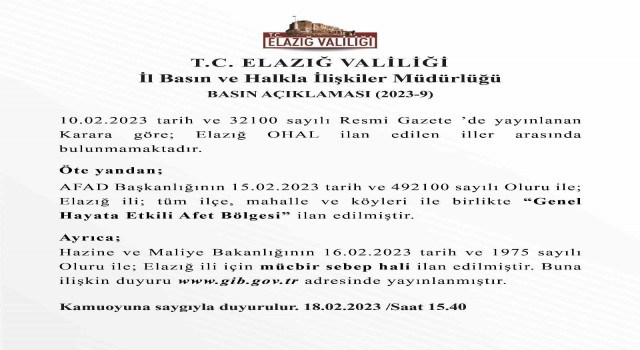 Elazığ Valiliğinden OHAL açıklaması