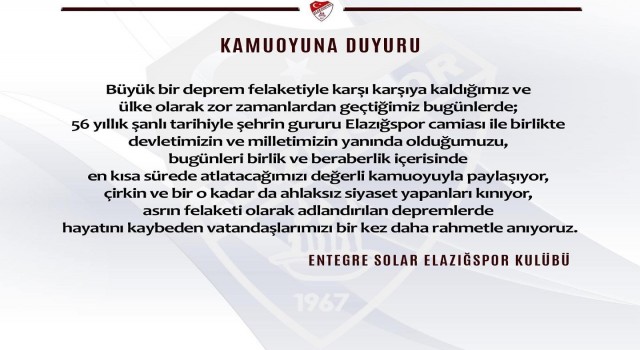 Elazığspor: Devletimizin ve milletimizin yanındayız