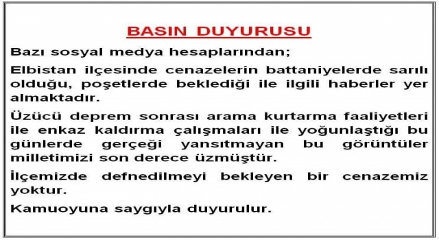 Elbistan Kaymakamlığı: İlçemizde defnedilmeyi bekleyen bir cenazemiz yoktur