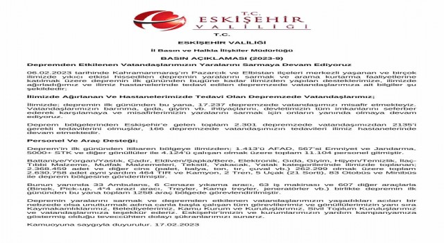 Eskişehir Valiliği 17 bin 237 depremzedenin misafir edildiğini açıkladı