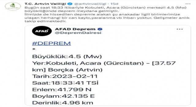 Gürcistandaki depremle ilgili Artvin Valiliğinde açıklama geldi