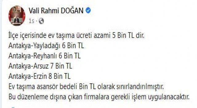 Hatayda ev taşıma ücretine azami sınır getirildi