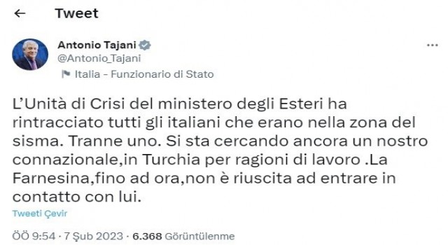 İtalya Dışişleri Bakanı Tajani: “Türkiyedeki 1 vatandaşımıza ulaşamıyoruz”