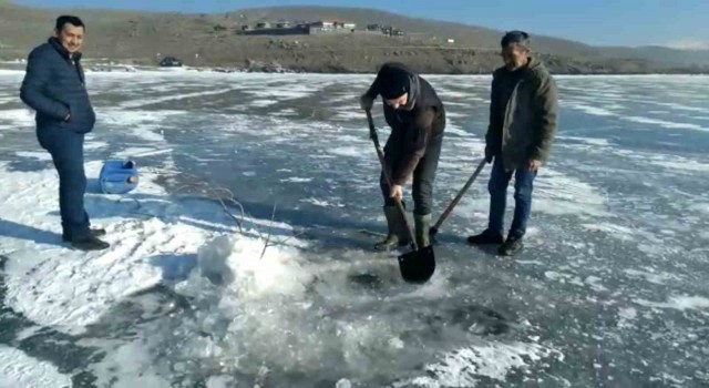 Karsta balıkçıların Eskimo usulü balık avı kamerada