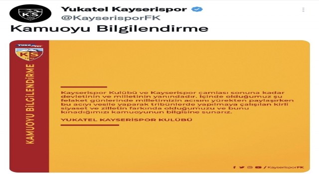 Kayserispordan Açıklama: Kayserispor camiası sonuna kadar devletinin ve milletinin yanındadır