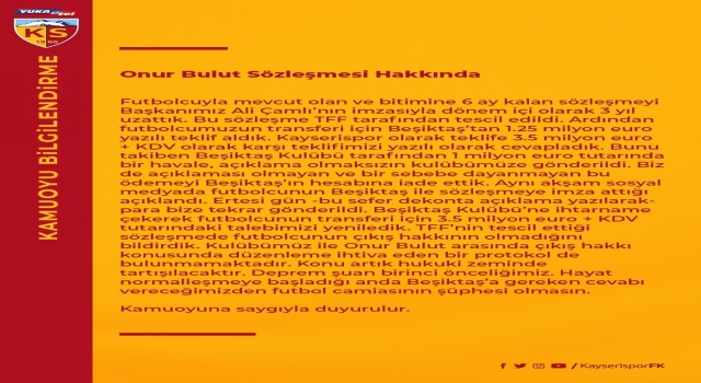 Kayserispordan Onur Bulut açıklaması