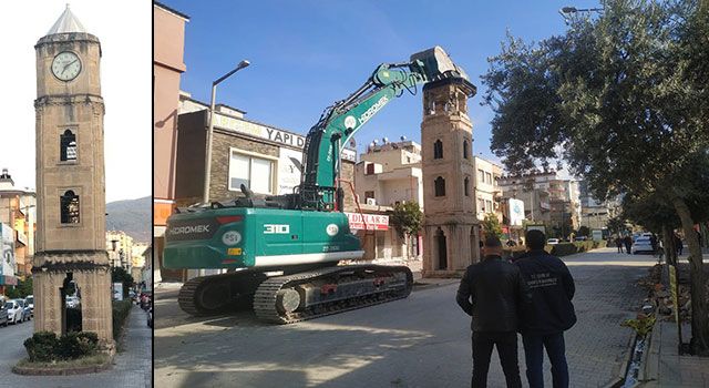 Osmaniye'de Depremin yıkamadığı Saat kulesini, İş makinası yıktı