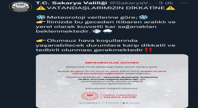 Sakarya için kuvvetli kar uyarısı