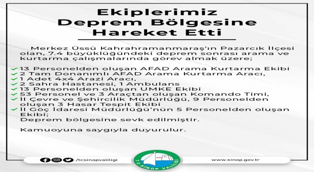 Sinoptan afet bölgesine ekipler sevk edildi