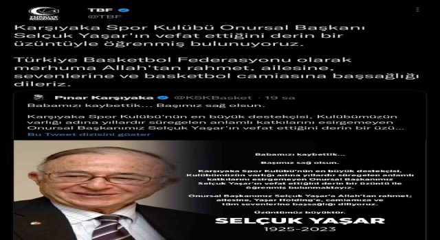 TBFden Selçuk Yaşar için taziye mesajı