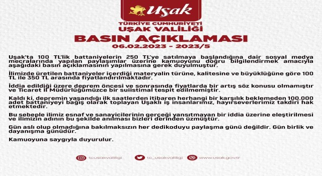 Uşak Valiliği “Uşak Battaniyesine zam” haberlerini yalanladı