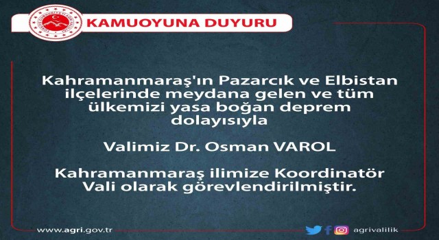 Vali Varol, Kahramanmaraşa koordinatör vali olarak görevlendirildi