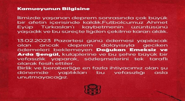 Yeni Malatyaspor: “Bu vefasızlığı asla unutmayacağız”