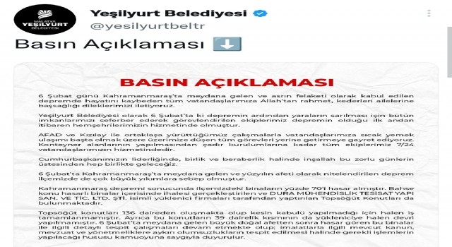 Yeşilyurt Belediyesinden Topsöğüt Konutları açıklaması