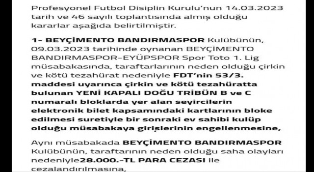 Bandırmaspora kötü tezahürat cezası