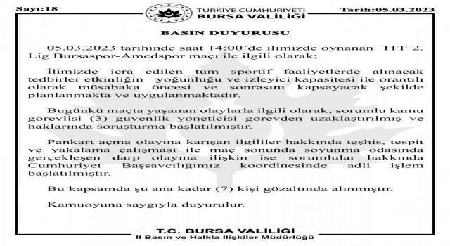 Bursa Valiliğinden Bursaspor-Amedspor açıklaması: 3 güvenlik yöneticisi görevden uzaklaştırıldı, 7 kişi gözaltına alındı