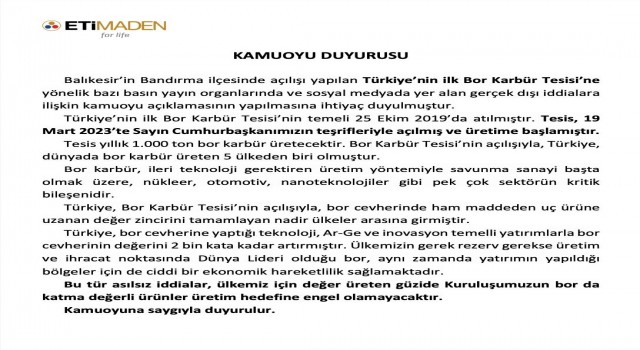 Eti Maden: “Bor Karbür Tesisinde üretim yok iddiası doğru değildir”