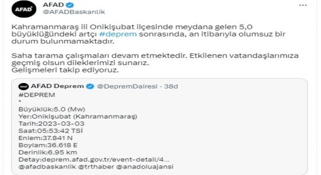 Kahramanmaraşta 5.0 büyüklüğünde deprem meydana geldi