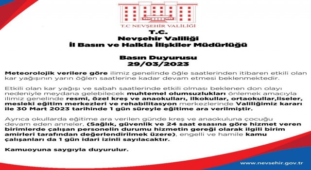 Nevşehirde eğitime kar engeli