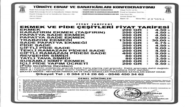 Nevşehirde ekmek fiyatı arttı