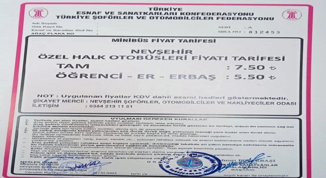 Nevşehirde şehir içi toplu ulaşım ücretleri zamlandı