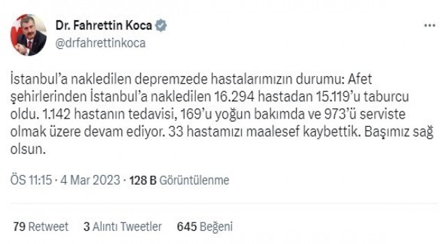 Sağlık Bakanı Koca: “Afet şehirlerinden İstanbula nakledilen 15 bin 119 hasta taburcu oldu”