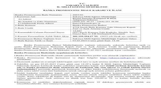 Sakarya İl Milli Eğitim, 14 bin personeli için banka promosyonu ihalesine çıkıyor