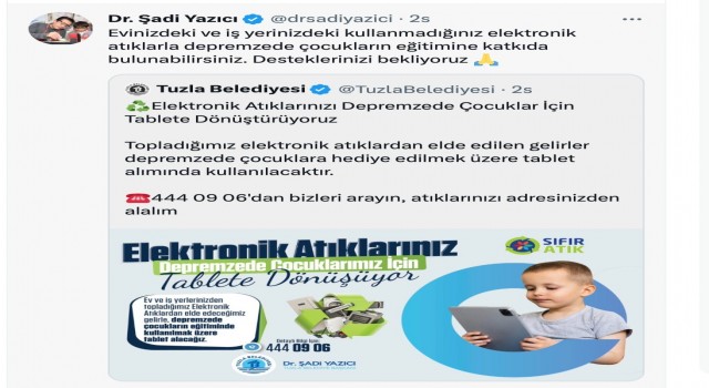 Tuzla Belediyesinden deprem bölgesindeki çocuklar için tablet kampanyası