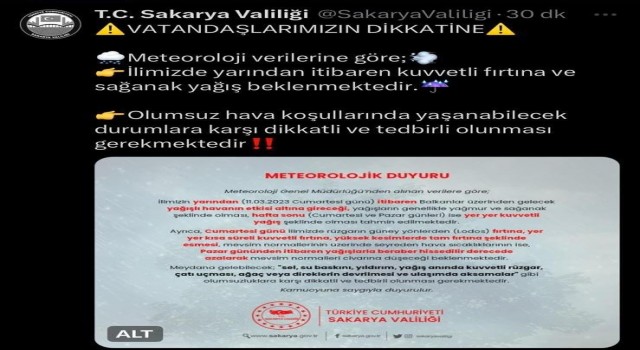 Valilikten kuvvetli fırtına ve sağanak yağış uyarısı