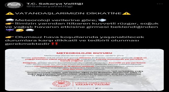 Valilikten kuvvetli fırtına ve sağanak yağış uyarısı