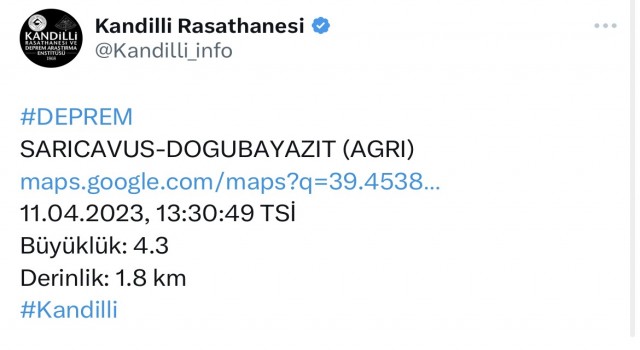 Ağrıda 4.3 büyüklüğünde deprem