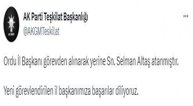 AK Partiden Ordu İl Başkanlığına yeni atama