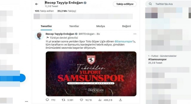 Cumhurbaşkanı Erdoğandan Samsunspora tebrik