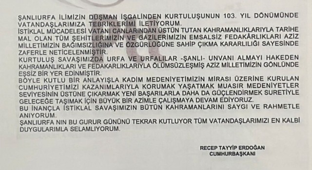 Cumhurbaşkanı Erdoğandan Şanlıurfanın kurtuluş gününü kutladı
