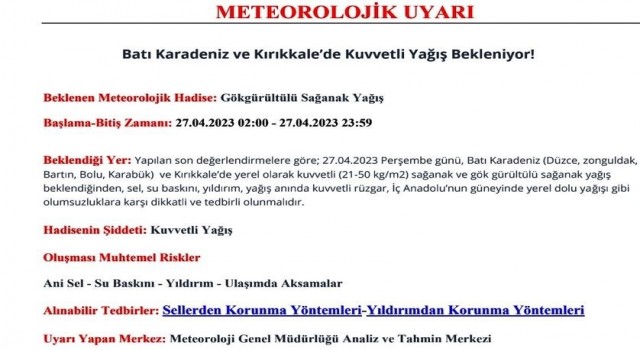 Meteorolojiden Zonguldak için uyarı