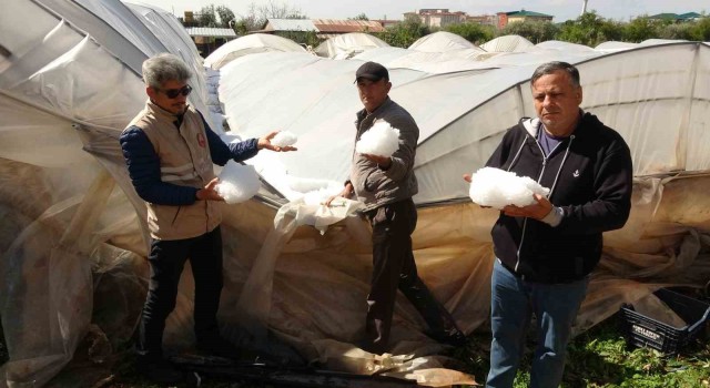 Şiddetli dolu serayı çökertti, açıktaki ürünlere ağır hasar verdi