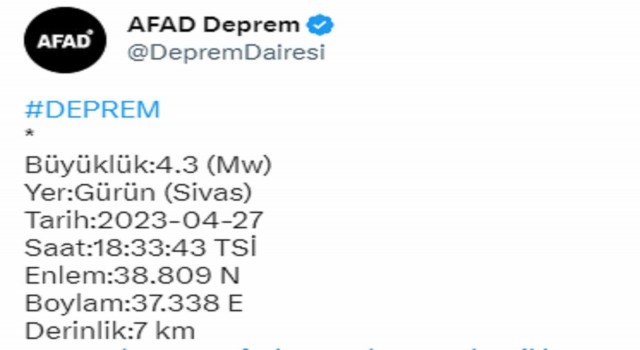 Sivasta 4,3 büyüklüğünde deprem
