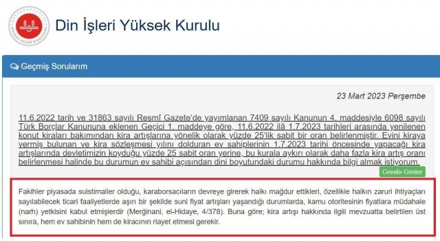 Trabzonlu kira artışı ile ilgili Din İşleri Yüksek Kuruluna fetva başvurusunda bulundu, kurul cevabını siteden duyurdu