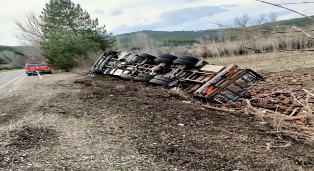 Virajı alamayan odun yüklü kamyon devrildi: 1 yaralı