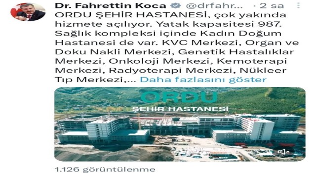 Bakan Kocadan Ordu Şehir Hastanesi açıklaması