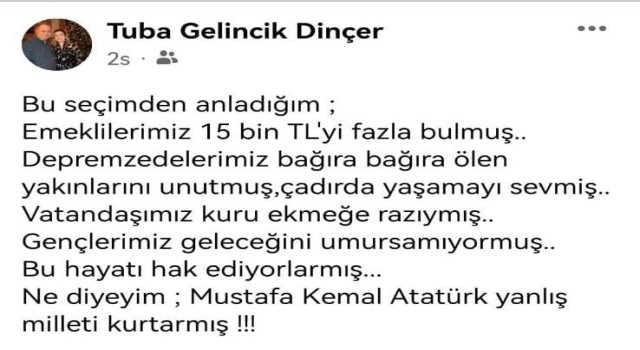 CHPli Başkan Dinçerin eşinden tepki çeken paylaşım: “Atatürk yanlış milleti kurtarmış